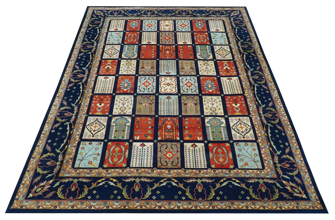 Blue And Orange Traditional Floral Design 8x11 Hand Knotted wool Area Rug