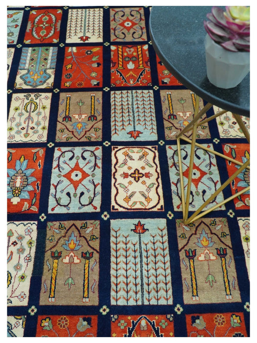 Blue And Orange Traditional Floral Design 8x11 Hand Knotted wool Area Rug