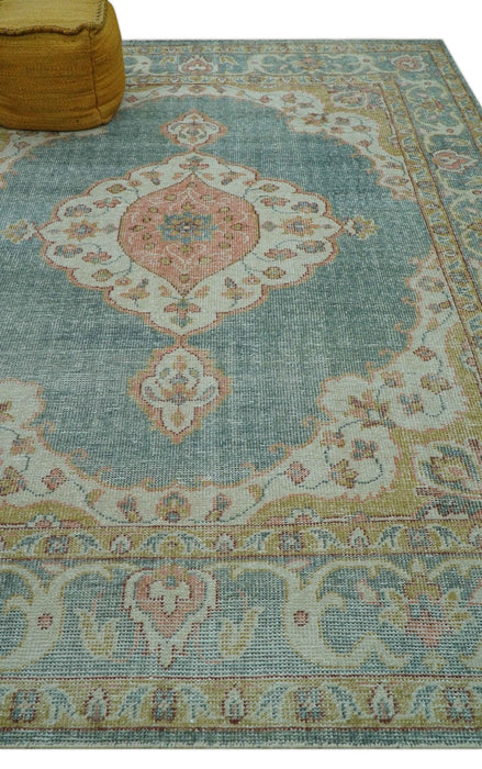 Blue And Peach Traditional Turkish Design Hand Knotted 8x10 Wool Area Rug