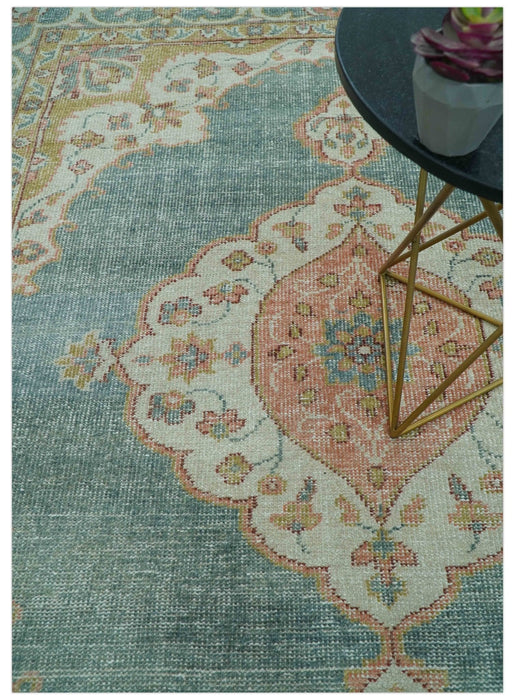 Blue And Peach Traditional Turkish Design Hand Knotted 8x10 Wool Area Rug