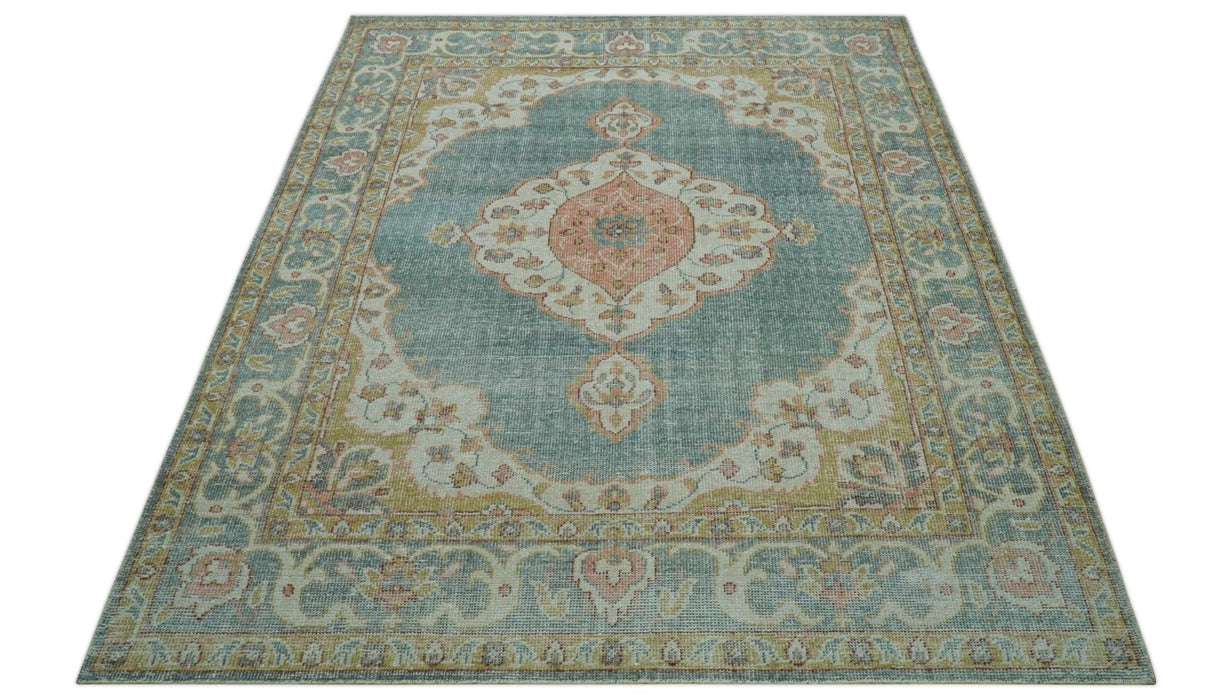Blue And Peach Traditional Turkish Design Hand Knotted 8x10 Wool Area Rug
