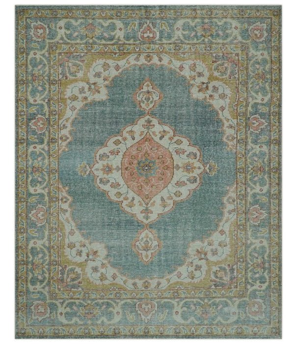 Blue And Peach Traditional Turkish Design Hand Knotted 8x10 Wool Area Rug