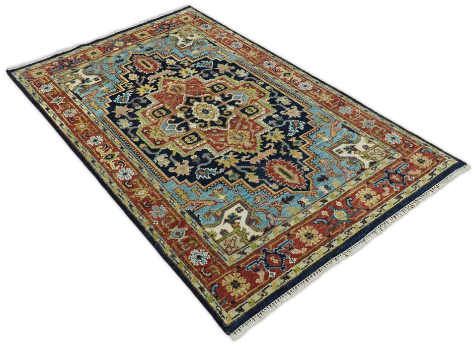 Blue and Rust Hand Knotted 8x10, 9x12, 10x14 and 12x15 Wool Antique Area Rug