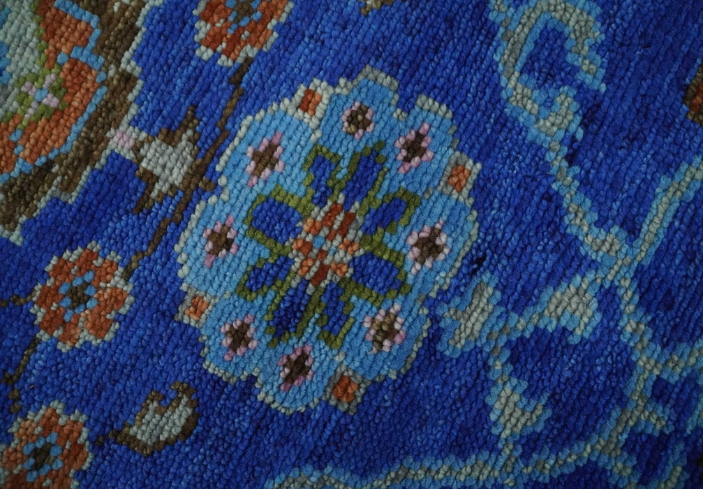 Blue and Rust Hand Knotted Traditional Floral Oushak 8.9x12.1 Wool Area Rug