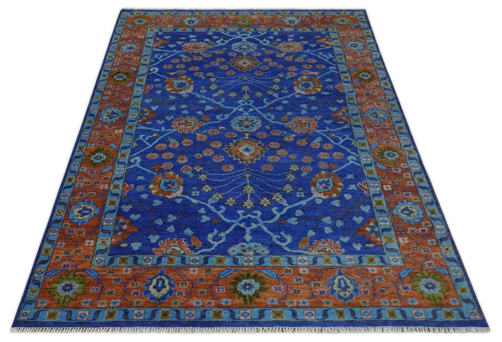 Blue and Rust Hand Knotted Traditional Floral Oushak 8.9x12.1 Wool Area Rug