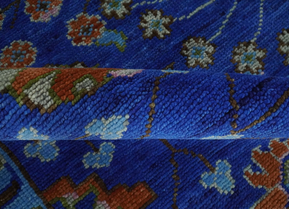 Blue and Rust Hand Knotted Traditional Floral Oushak 8.9x12.1 Wool Area Rug