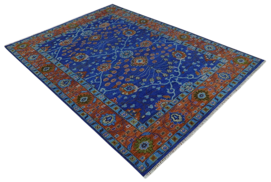 Blue and Rust Hand Knotted Traditional Floral Oushak 8.9x12.1 Wool Area Rug