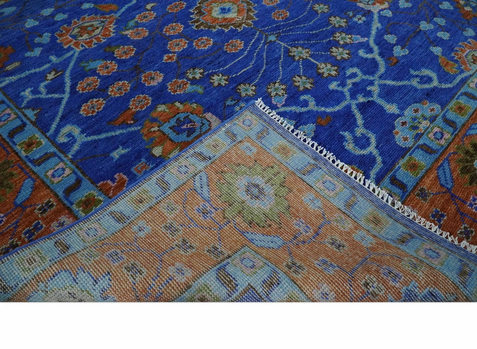 Blue and Rust Hand Knotted Traditional Floral Oushak 8.9x12.1 Wool Area Rug