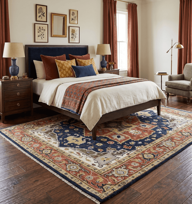 Blue and Rust Hand Knotted Traditional Heriz Style Multi Size Wool Area Rug