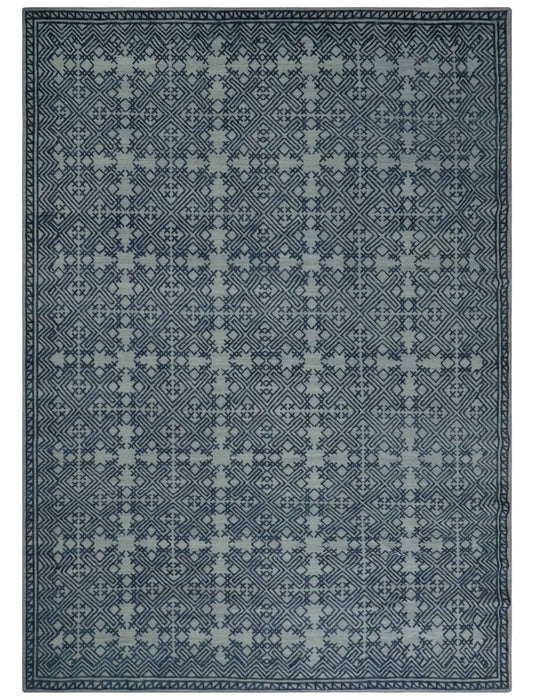 Blue and silver Hand carved Design Traditional Medallion Hand knotted 10x14 wool Area Rug