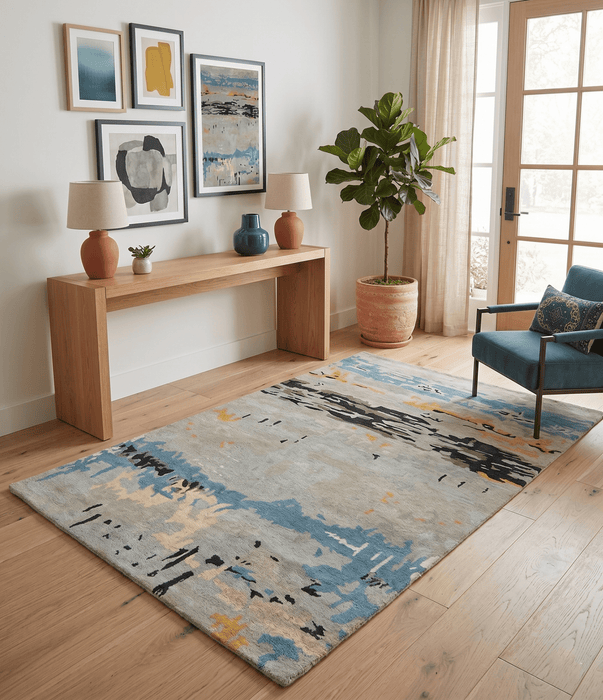 Blue and Silver Modern Abstract Hand Tufted Wool and Art Silk 5x8 Area Rug