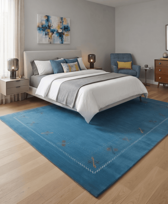 Blue And White Gabbeh Border Design Hand Loomed Wool Area Rug