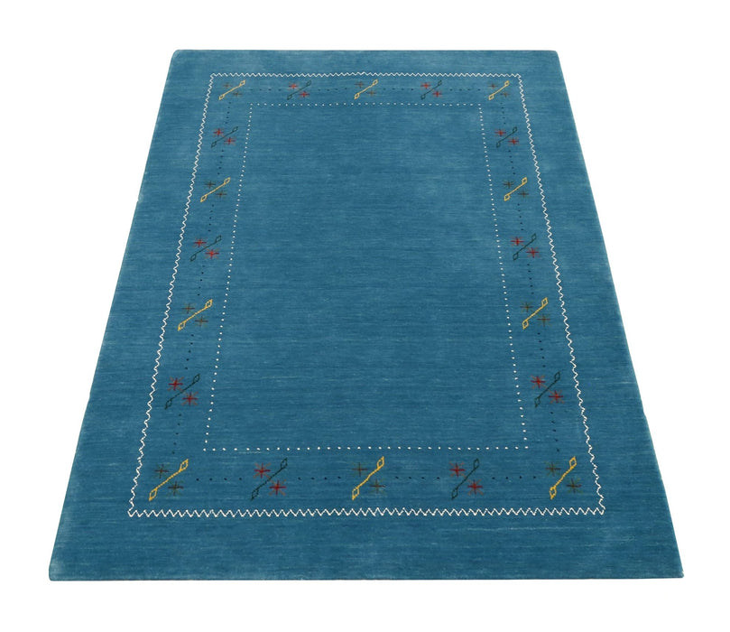 Blue And White Gabbeh Border Design Hand Loomed Wool Area Rug