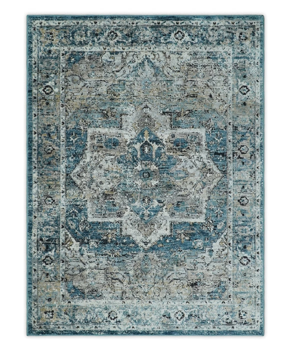 Blue, Beige and Black Antique Finish, Vintage look, Art Silk Area Rug, Living Room Rug | TRDMM1