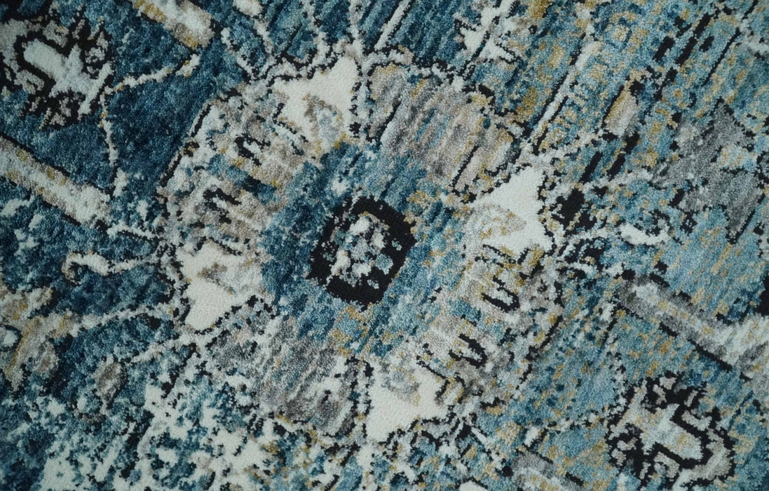 Blue And Beige Traditional Heriz Art Silk Area Rug