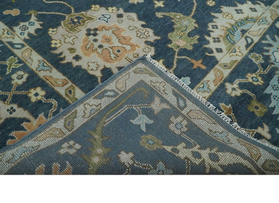 Blue, Beige and Green 10.3x13.8 Hand knotted Traditional Oushak Wool Area Rug, Kids, Living Room and Bedroom Rug