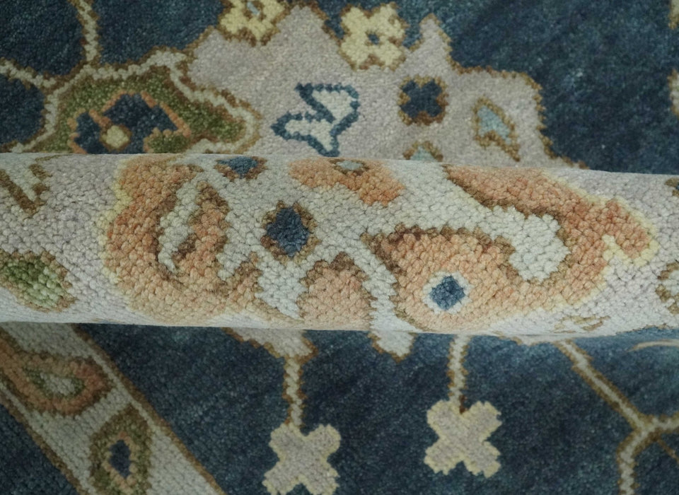 Blue, Beige and Green 10.3x13.8 Hand knotted Traditional Oushak Wool Area Rug, Kids, Living Room and Bedroom Rug
