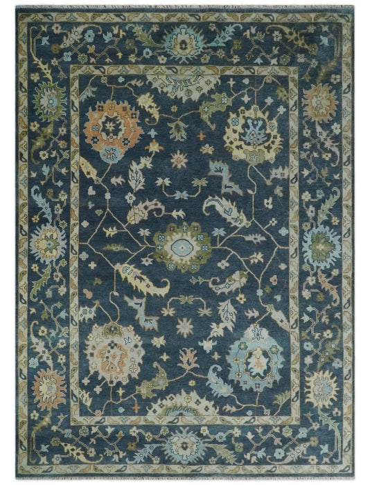 Blue, Beige and Green 10.3x13.8 Hand knotted Traditional Oushak Wool Area Rug, Kids, Living Room and Bedroom Rug