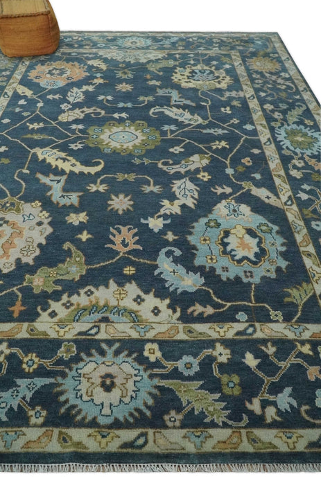 Blue, Beige and Green 10.3x13.8 Hand knotted Traditional Oushak Wool Area Rug, Kids, Living Room and Bedroom Rug
