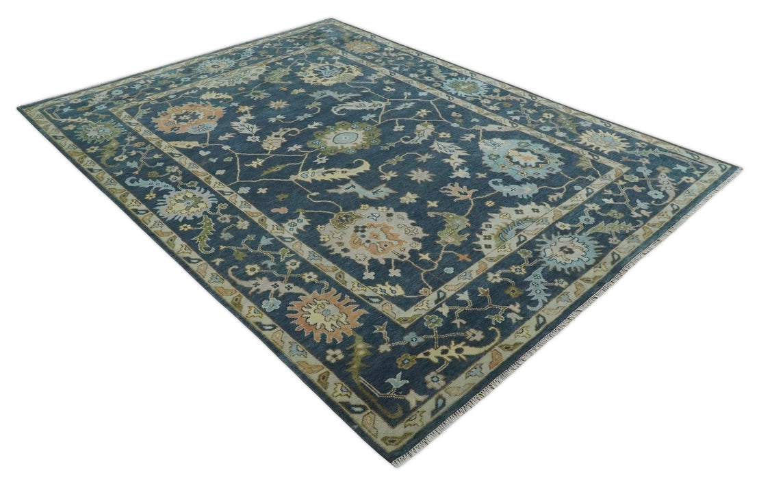 Blue, Beige and Green 10.3x13.8 Hand knotted Traditional Oushak Wool Area Rug, Kids, Living Room and Bedroom Rug