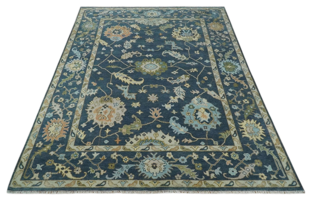 Blue, Beige and Green 10.3x13.8 Hand knotted Traditional Oushak Wool Area Rug, Kids, Living Room and Bedroom Rug