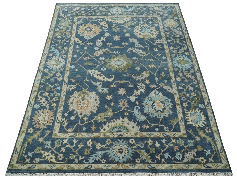 Blue, Beige and Green 9x12 Hand knotted Traditional Oushak Wool Area Rug