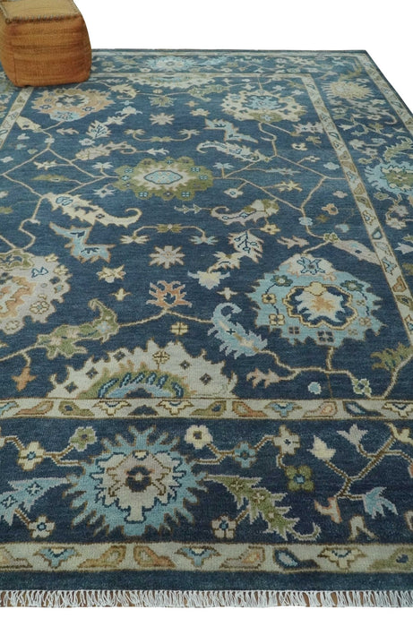 Blue, Beige and Green 9x12 Hand knotted Traditional Oushak Wool Area Rug