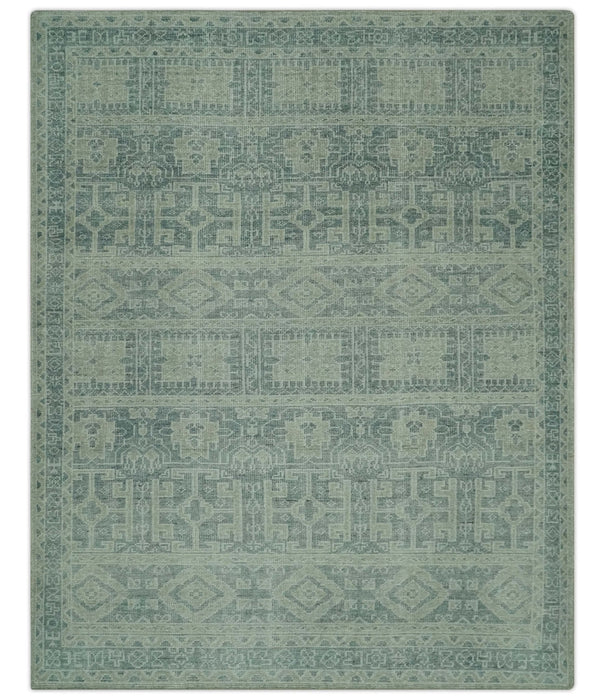 Blue, Beige and Silver 8x10 Hand Knotted Tribal Design wool area rug