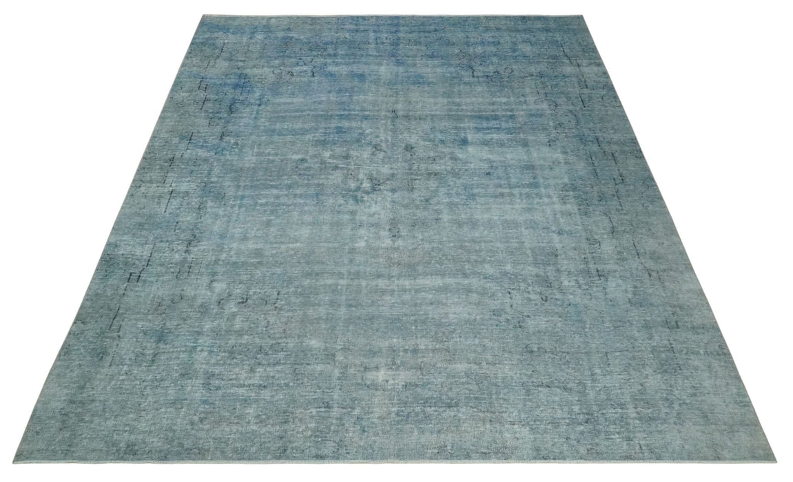 Blue Fine Hand Knotted Distressed Antique Finish 8x11 Wool Area Rug