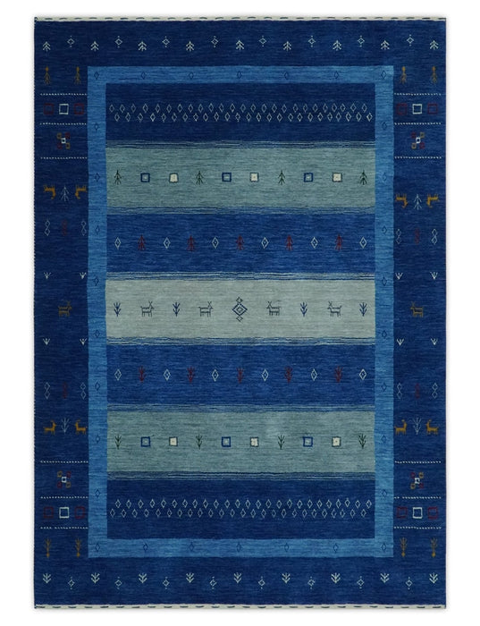 Blue, Gray and Silver Stripes design Hand loom Tribal Gabbeh Traditional 4.6x7 Wool Area Rug