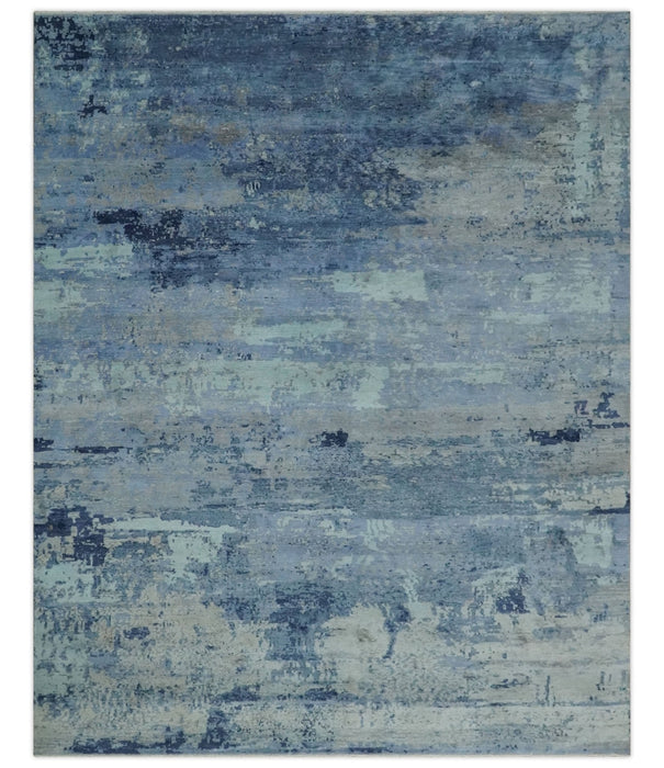 Blue, Ivory and Aqua Modern abstract Hand Knotted 8x10 wool and Bamboo Silk area Rug