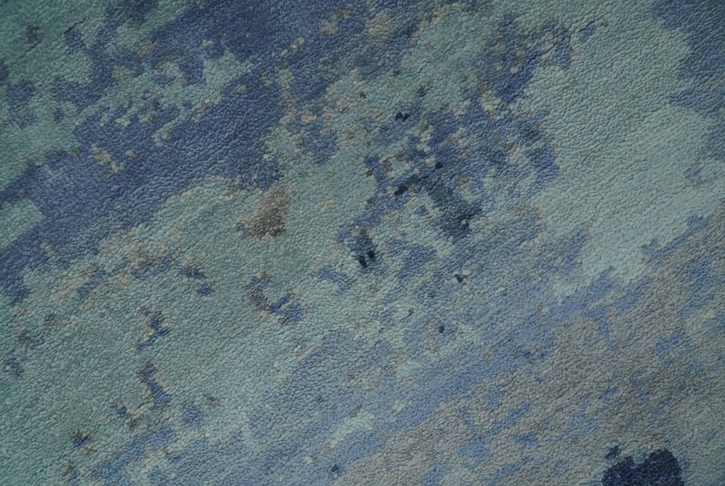 Blue, Ivory and Aqua Modern abstract Hand Knotted 8x10 wool and Bamboo Silk area Rug