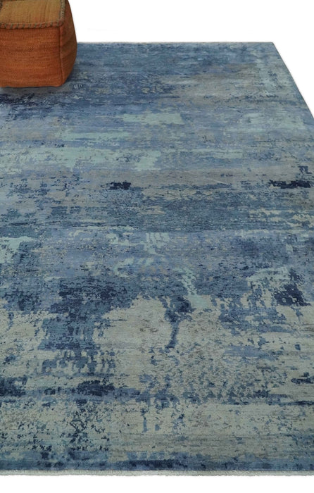Blue, Ivory and Aqua Modern abstract Hand Knotted 8x10 wool and Bamboo Silk area Rug