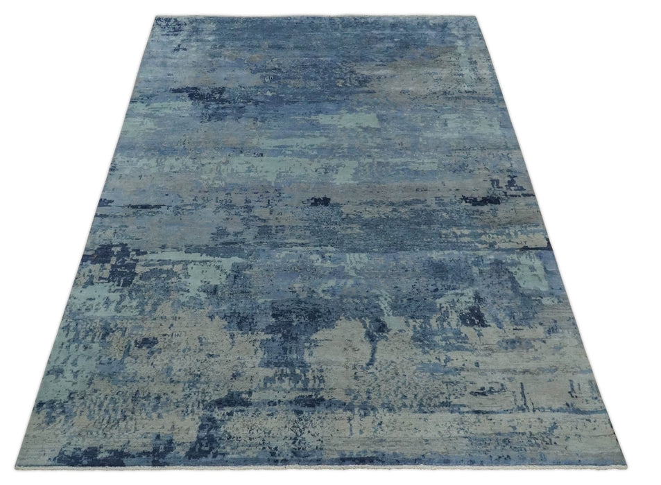 Blue, Ivory and Aqua Modern abstract Hand Knotted 8x10 wool and Bamboo Silk area Rug