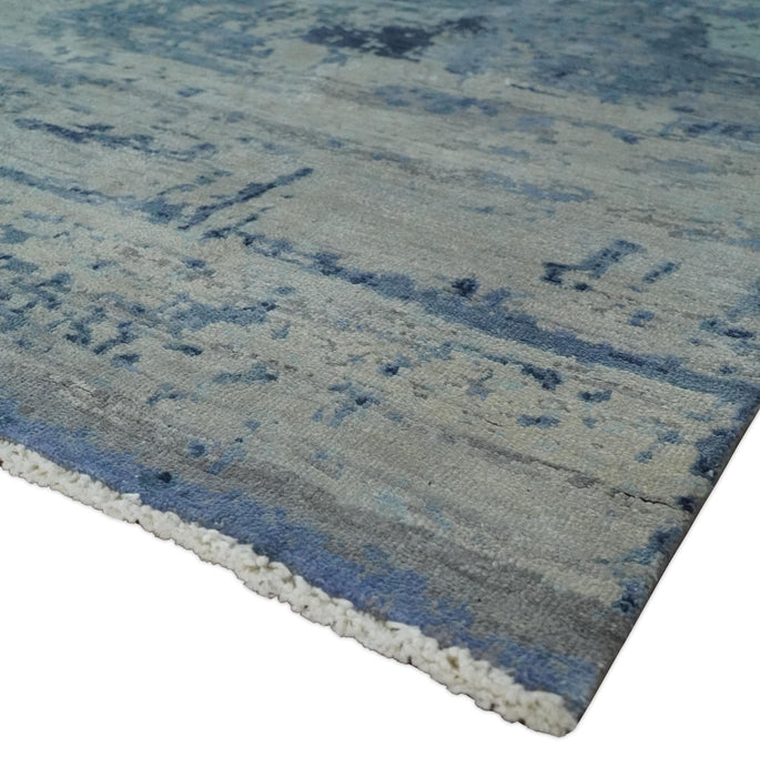 Blue, Ivory and Aqua Modern abstract Hand Knotted 8x10 wool and Bamboo Silk area Rug