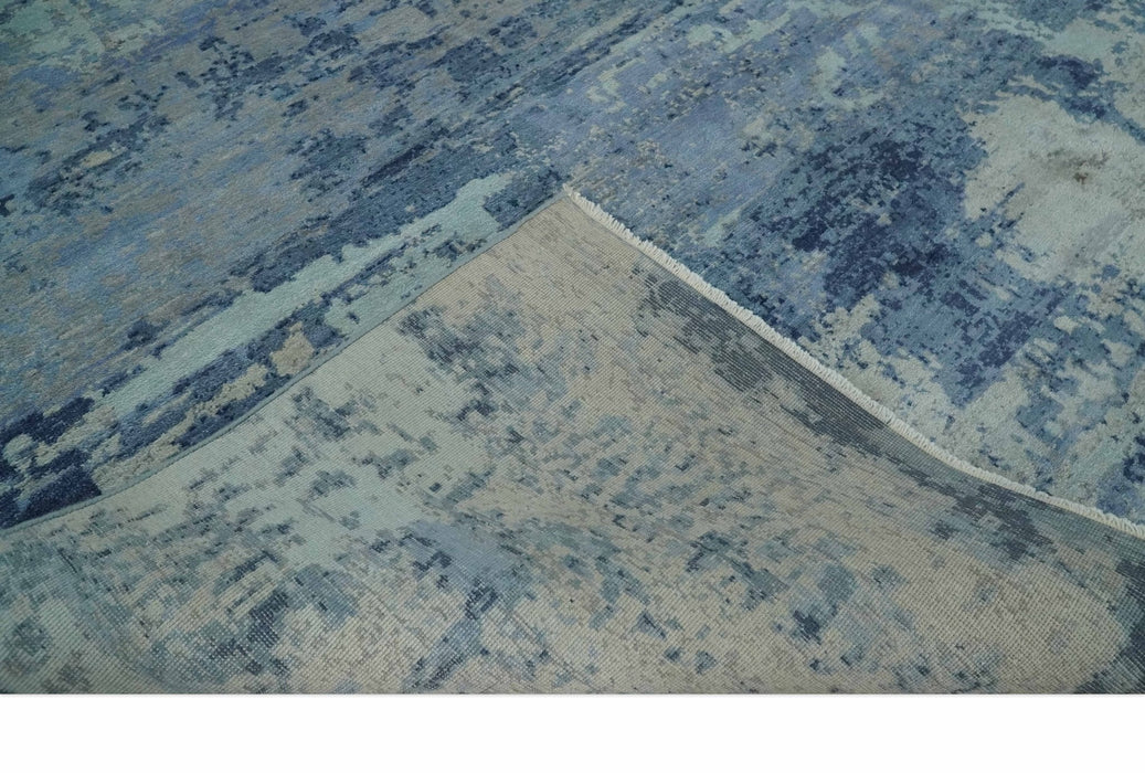 Blue, Ivory and Aqua Modern abstract Hand Knotted 8x10 wool and Bamboo Silk area Rug