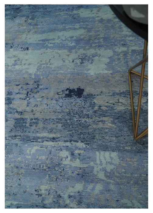 Blue, Ivory and Aqua Modern abstract Hand Knotted 8x10 wool and Bamboo Silk area Rug