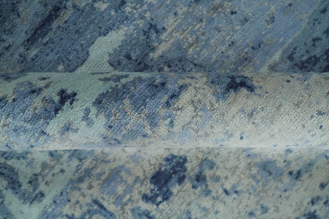 Blue, Ivory and Aqua Modern abstract Hand Knotted 8x10 wool and Bamboo Silk area Rug