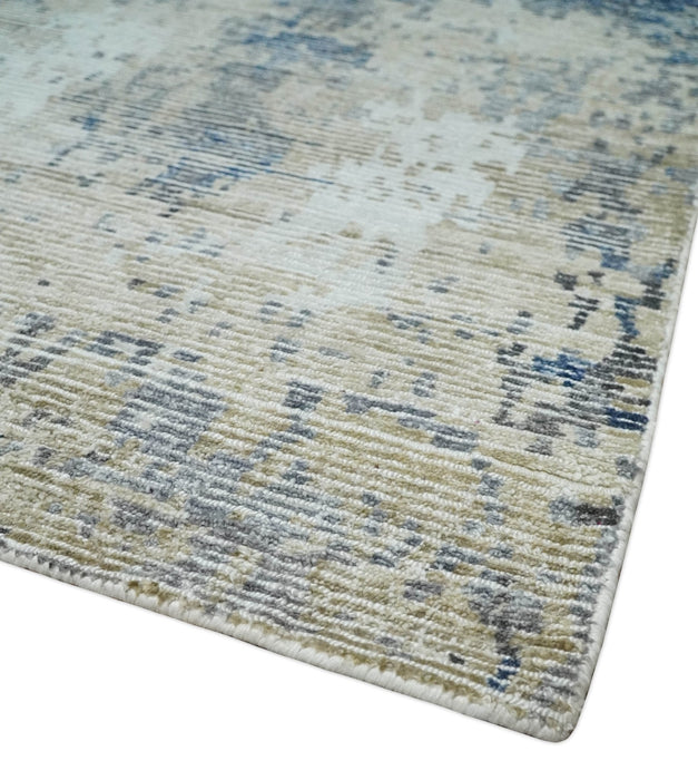 Blue, Ivory and Beige Hand Knotted Abstract 8x10 Bamboo Silk Area Rug | TRD2911