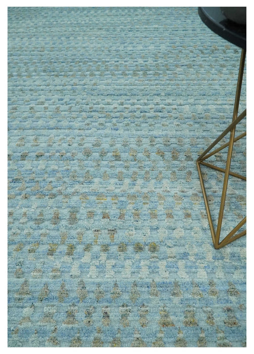 Blue, Ivory and Brown Hand carved Texture Hand Knotted 9x12 Wool Area Rug