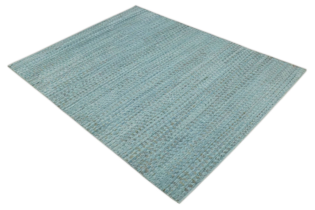 Blue, Ivory and Brown Hand carved Texture Hand Knotted 9x12 Wool Area Rug