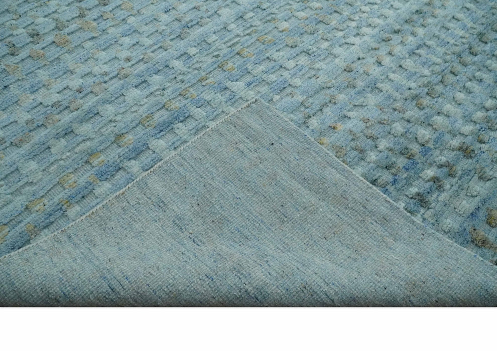 Blue, Ivory and Brown Hand carved Texture Hand Knotted 9x12 Wool Area Rug
