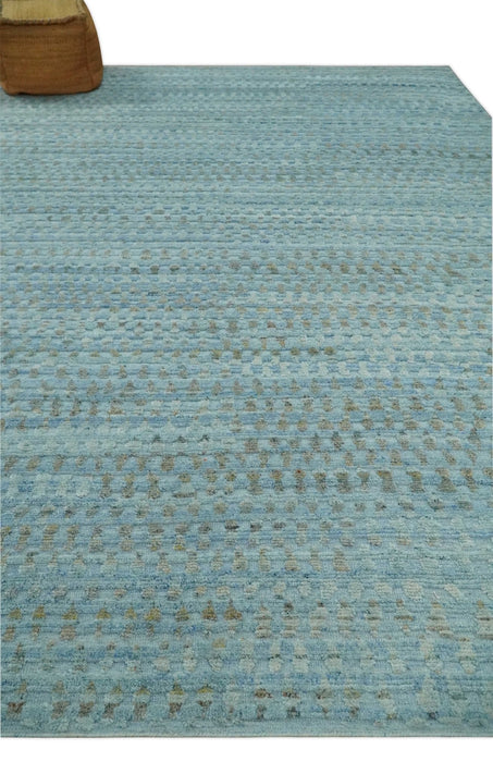 Blue, Ivory and Brown Hand carved Texture Hand Knotted 9x12 Wool Area Rug