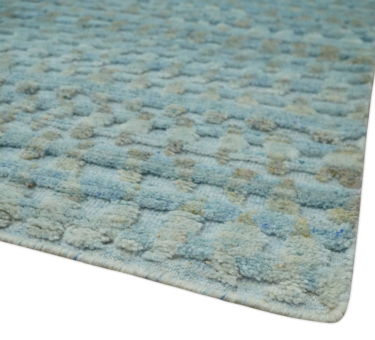 Blue, Ivory and Brown Hand carved Texture Hand Knotted 9x12 Wool Area Rug