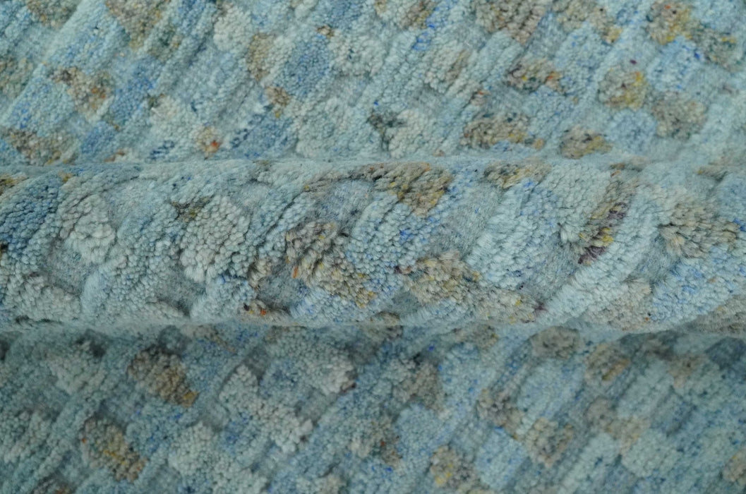 Blue, Ivory and Brown Hand carved Texture Hand Knotted 9x12 Wool Area Rug