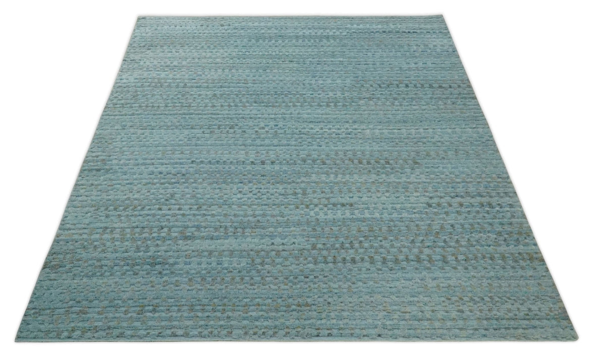 Blue, Ivory and Brown Hand carved Texture Hand Knotted 9x12 Wool Area Rug