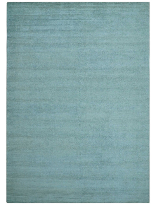 Blue Modern Solid Low Pile Hand Knotted 10x14 Bamboo Silk Area Rug