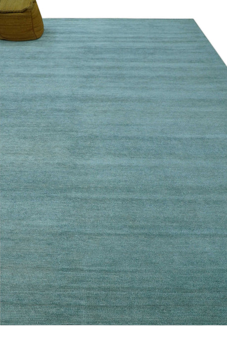 Blue Modern Solid Low Pile Hand Knotted 10x14 Bamboo Silk Area Rug