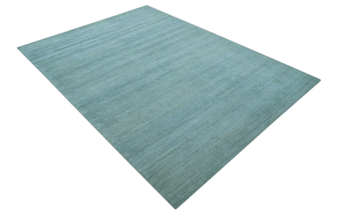 Blue Modern Solid Low Pile Hand Knotted 10x14 Bamboo Silk Area Rug