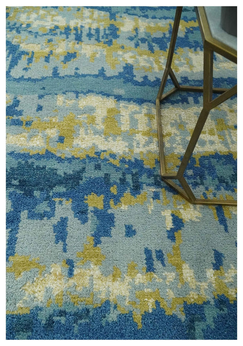 Blue, Olive and Ivory Modern abstract Hand Knotted 5x8 wool Area Rug